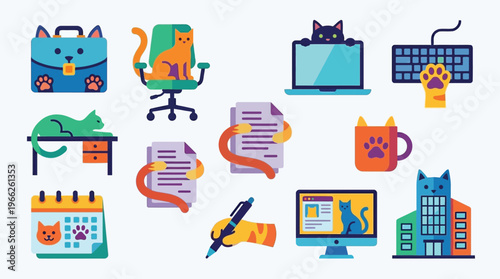 A whimsical collection of cat-themed office supplies and accessories, featuring a briefcase, desk, chair, laptop, keyboard, mug, calendar, computer, and building.