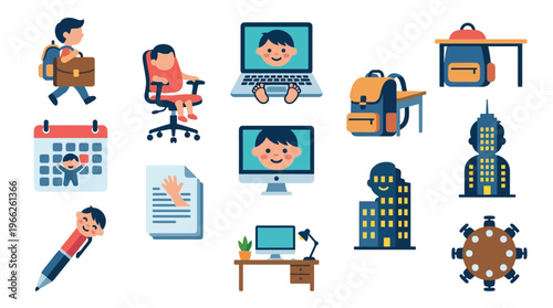 A collection of cartoon-style illustrations depicting various aspects of school and office life, including students, teachers, and workspaces.