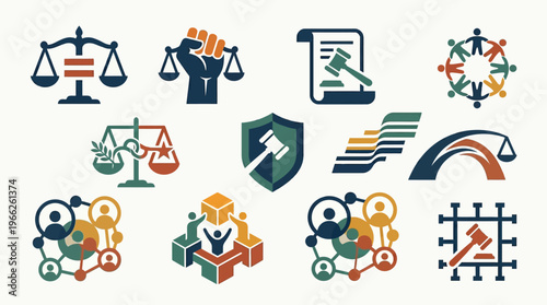 Collection of justice and law icons representing legal concepts, equality, community, and social justice.