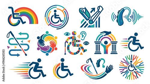 Collection of diverse icons representing disability, accessibility, and inclusion, featuring wheelchairs, prosthetics, hearing aids, and symbolic imagery.