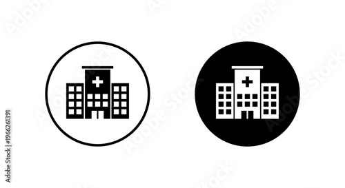 Hospital icon in black circle. Medical center building symbol. Clinic healthcare sign