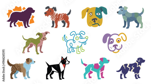 A vibrant collection of diverse dog illustrations, showcasing various breeds, colors, and artistic styles.