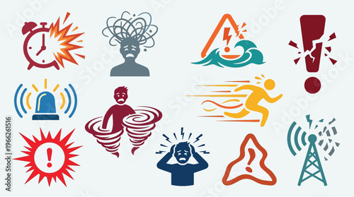 Collection of icons representing various emergencies, disasters, and stressful situations, including alarms, explosions, natural disasters, and mental distress.