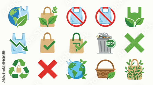 Collection of icons representing eco-friendly shopping bags, recycling symbols, and the rejection of plastic bags for environmental protection.