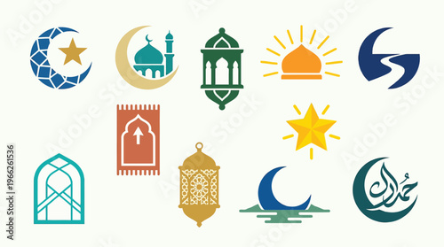 Collection of Islamic cultural symbols including crescent moons, stars, mosques, lanterns, and prayer rugs, representing Ramadan and Eid celebrations.