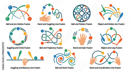 A vibrant collection of 11 distinct juggling and object manipulation art illustrations, showcasing various patterns, movements, and fusions.