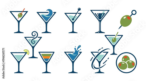 Collection of stylized martini glasses with various garnishes and liquid effects, representing different cocktail designs.