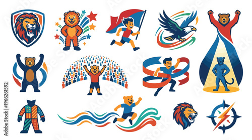 Collection of diverse mascot logos featuring animals like lions and bears, and human figures in dynamic poses, suitable for sports teams or organizations.