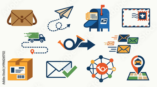 Collection of postal service and delivery icons, including mailboxes, envelopes, packages, and delivery trucks.
