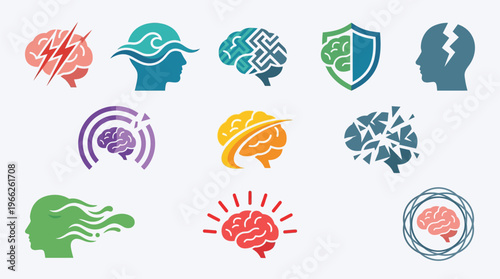 Collection of stylized brain icons representing various mental states and cognitive processes, including stress, clarity, and innovation.