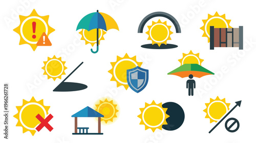 Collection of icons representing sun protection, shade, and solar energy concepts.
