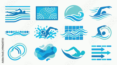 Collection of stylized blue swimming icons and graphics depicting swimmers, waves, and pool elements.