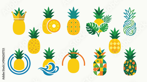 A vibrant collection of diverse pineapple illustrations, showcasing various artistic styles and decorative elements.