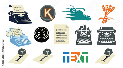 Collection of vintage and modern typing and writing-related icons, including typewriters, keyboards, and text documents.