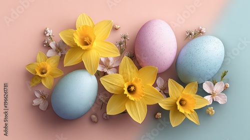 A colorful Easter arrangement featuring pastel eggs and vibrant daffodils on a soft pink and blue background