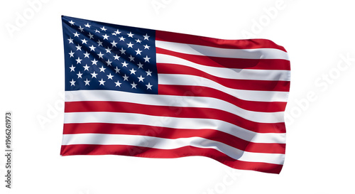 United States flag waving with realistic fabric texture, dynamic folds and shadows, vibrant red white and blue colors, ultra detailed, isolated, high resolution, patriotic concept