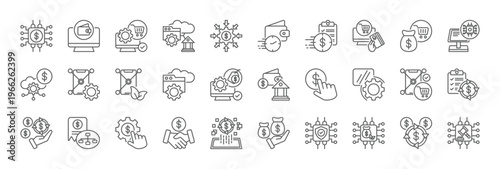 embedded finance icon collection outline style. containing embedded payment, in-app wallet, checkout system, api banking, finance integration, revenue stream, fee structure, monetization.