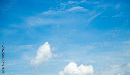 Wide angle view of  vibrant blue sky with soft white clouds.  peaceful and clear natural atmosphere, perfect for use as  summer backdrop.