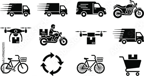 Set of Delivery and Logistics Icons Featuring Cargo   t Symbols Delivery and Logistics Icons Featuring Cargo Trucks Shipping   Symbols Isolated on White Background Vector