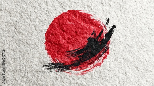 力強い筆致と墨の質感で描かれた日の丸、伝統的な水墨画風の和紙背景素材