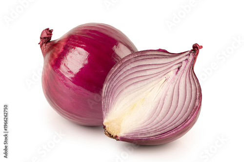 vibrant whole red onion paired with a fresh half-cut slice layers. Organic vegetable ingredient for healthy cooking isolated on a white background.