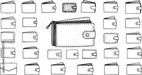 Hand-drawn Wallet Icons Set. Collection of Sketch Wallets, Purses, and Card Holders in Various Styles for Financial and Money Storage Concepts.