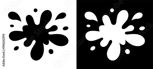 Splash solid icon. Filled liquid stain with drops in organic shape. Symbol of water, paint, ink, juice, oil or spill. Black and white pictogram for various design uses.