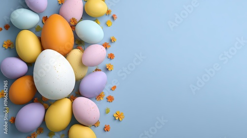 A collection of colorful Easter eggs and small flowers on a light blue background