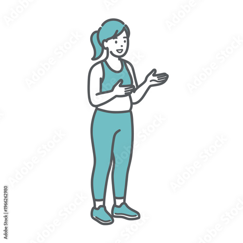 笑顔で会話・説明をするスポーツウェア姿のぽっちゃり女性のイラスト