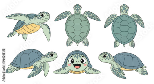 Cute Cartoon Turtles in Various Playful Poses Illustration Collection.