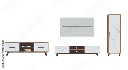 Modern minimalist white furniture set with TV stand wall unit and tall cabinet.