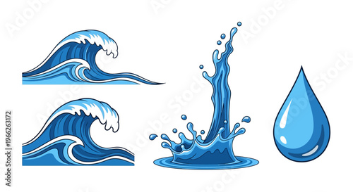 Blue Cartoon Waves Water Splash and Droplet Illustrations Collection.