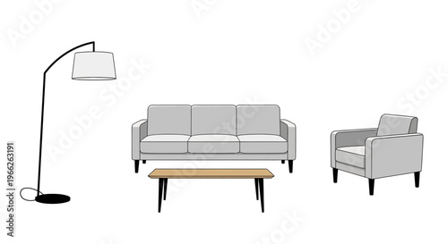 Minimalist Vector Illustration of Modern Living Room Furniture Including Sofa Armchair Coffee Table and Floor Lamp.