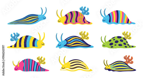 Colorful Cartoon Snails in Vibrant Patterns and Playful Designs.