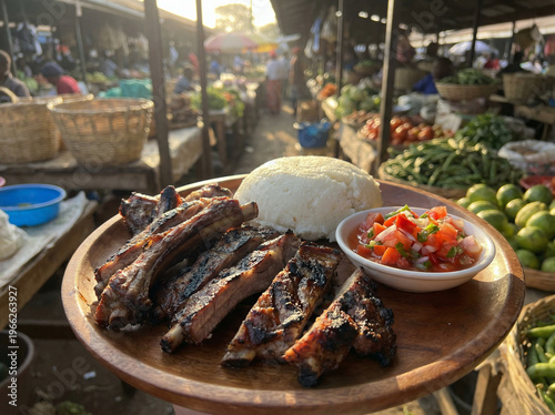 Foto Close-Up of Kenyan Nyama Choma Grilled Goat Meat with Ugali and Kachumbari Salsa