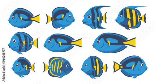 Collection of Vibrant Cartoon Angelfish Illustrations in Blue and Yellow.