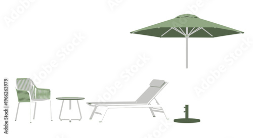 Modern Outdoor Lounge Chair Armchair Small Table and Green Umbrella Furniture Set.