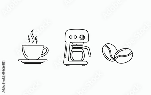 Coffee Maker Icon Set Thin Line Cup Bean Machine Cafe Breakfast Elements