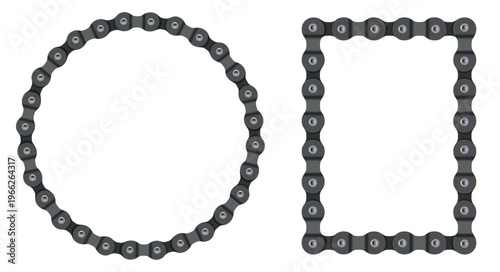 Set of bicycle chain frames in round and square shapes. Mechanical borders made of bike chain links isolated on white background for cycling, industrial and design use.