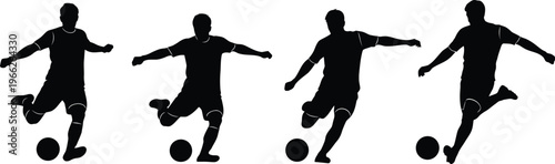 Soccer Player Kicking Ball Icon Set Black Silhouette Football Athlete Action Symbols
