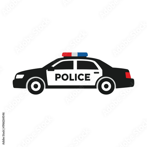 A black and white police patrol car illustration with emergency lights on the roof