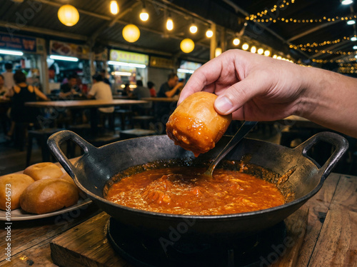 Photos Singapore Chilli Crab Sauce Mopped with Deep Fried Mantou Bun on Dark Wok Platte