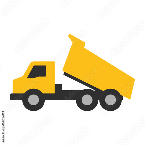 Yellow dump truck icon with an elevated bed isolated on a white background for construction design.