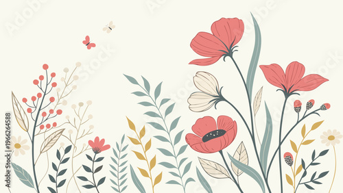 Stylized floral arrangement with poppies leaves and fluttering butterflies