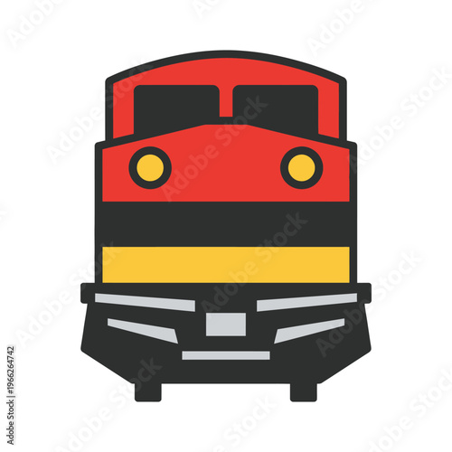 Stylized illustration of a modern diesel locomotive engine seen from the front with red and yellow.