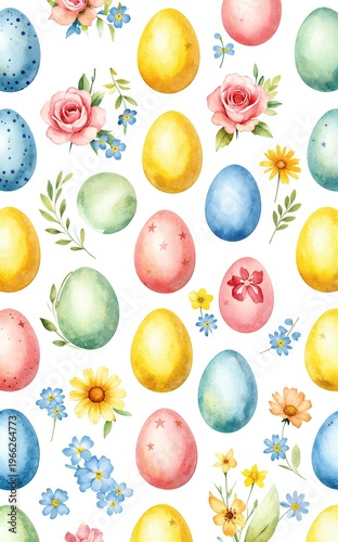 Colorful Easter eggs and flowers scattered across a white background