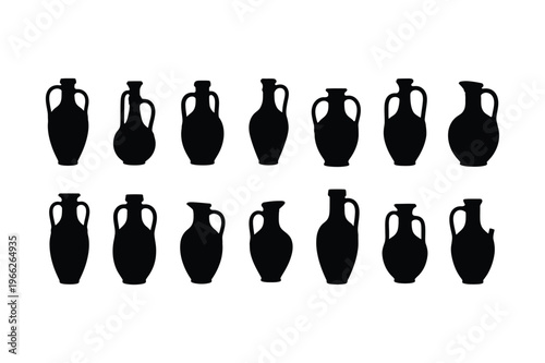 Ancient pottery amphora jars and ceramic vase icons in silhouette set