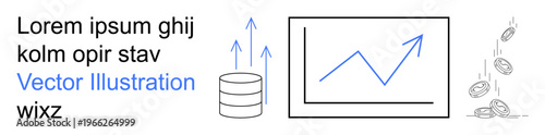 Data analysis, financial growth, market statistics, technology, databases, investments. Arrows rising from data storage, upward graph falling coins. Data analysis and financial growth concept