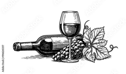 Vintage winery engraving style wine bottle with glass and grapes vector sketch illustration isolated on white