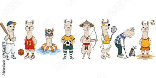 Set of funny cartoon alpaca cute animals in playful sports vector style featuring smiling characters for kids toy illustration collection	
